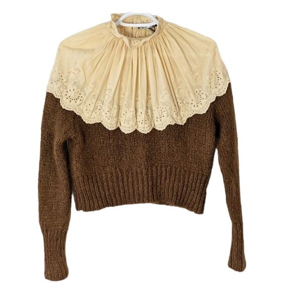 ZARA Contrasting embroidery lace knit sweater brown beige Small @L1 - Picture 4 of 13